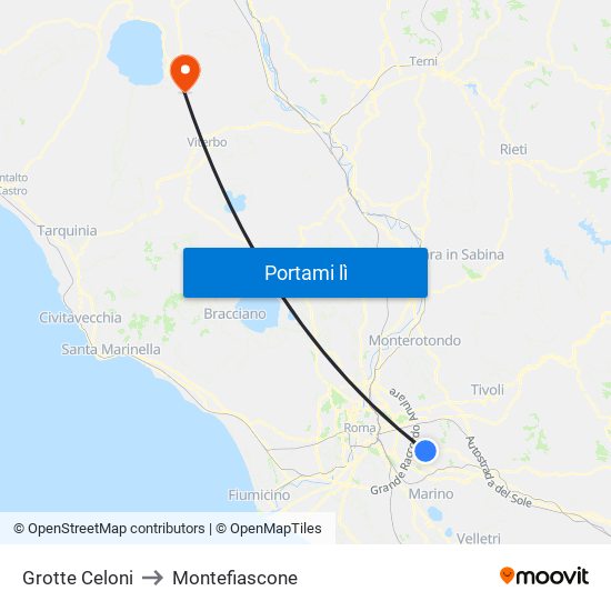 Grotte Celoni to Montefiascone map