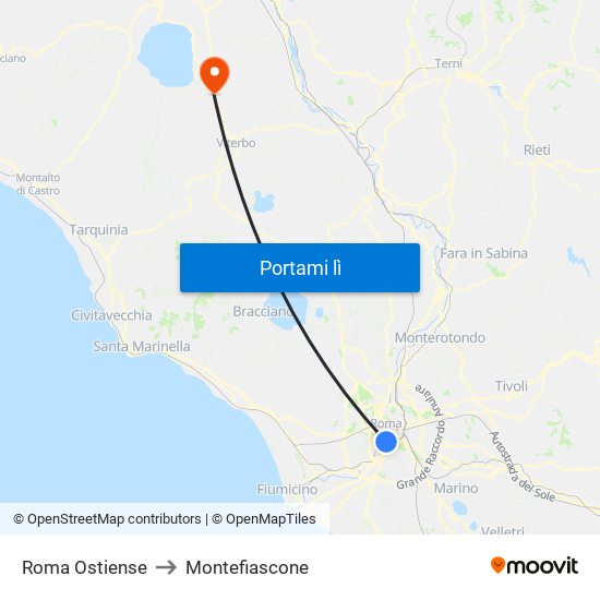 Roma Ostiense to Montefiascone map