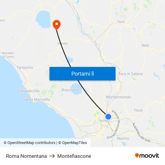 Roma Nomentana to Montefiascone map