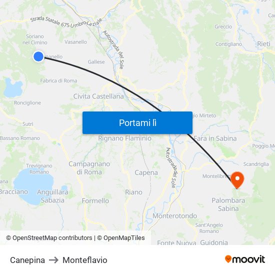 Canepina to Monteflavio map