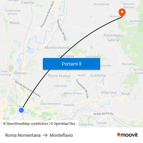 Roma Nomentana to Monteflavio map