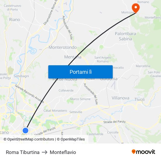 Roma Tiburtina to Monteflavio map