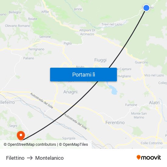 Filettino to Montelanico map