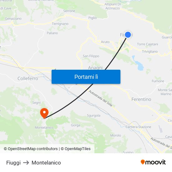 Fiuggi to Montelanico map