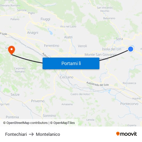 Fontechiari to Montelanico map