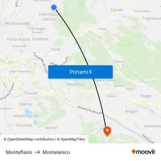 Monteflavio to Montelanico map