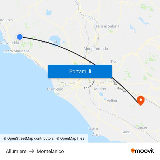 Allumiere to Montelanico map