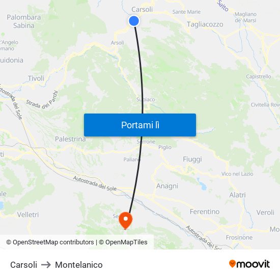 Carsoli to Montelanico map