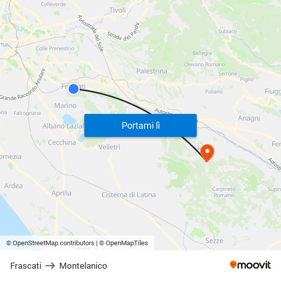 Frascati to Montelanico map