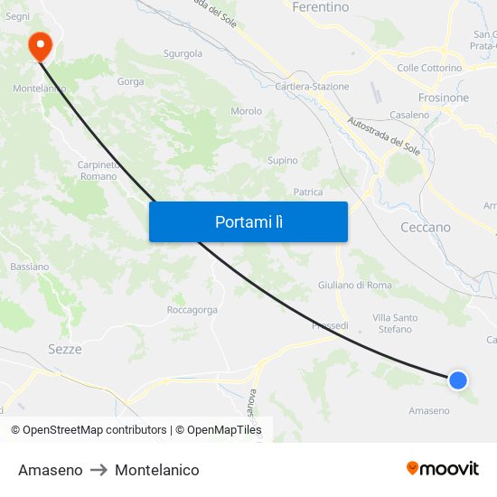 Amaseno to Montelanico map