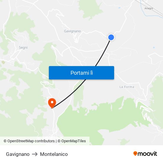 Gavignano to Montelanico map