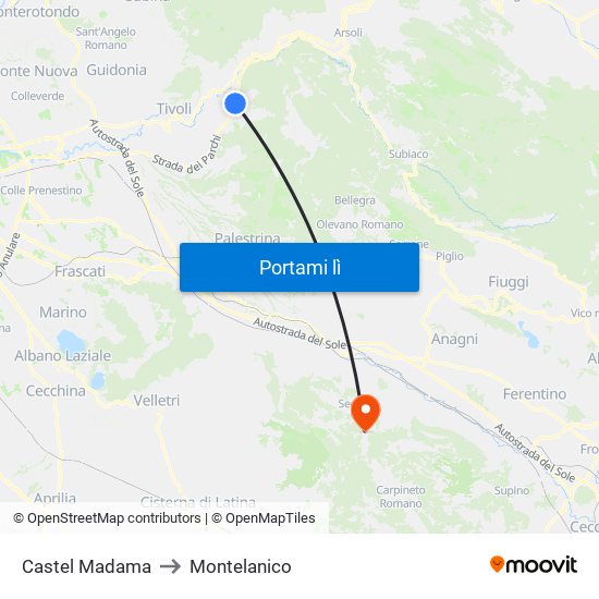 Castel Madama to Montelanico map