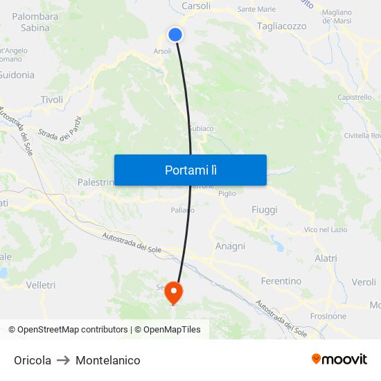 Oricola to Montelanico map