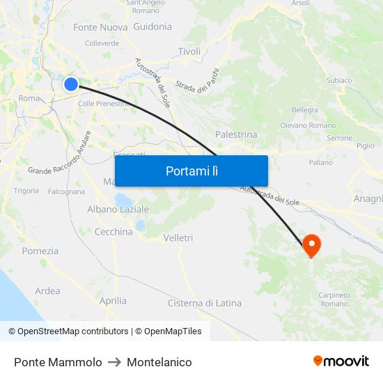 Ponte Mammolo to Montelanico map