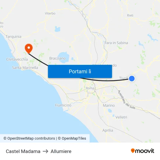 Castel Madama to Allumiere map