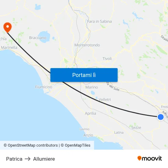 Patrica to Allumiere map
