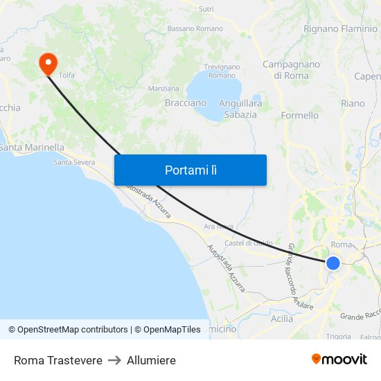 Roma Trastevere to Allumiere map