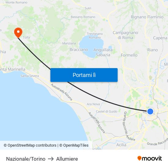 Nazionale/Torino to Allumiere map