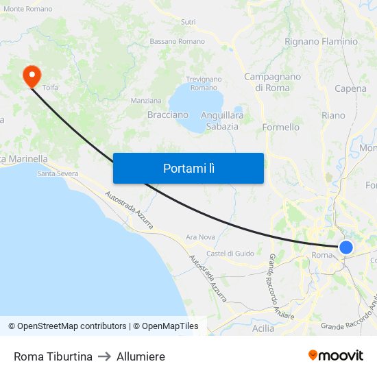 Roma Tiburtina to Allumiere map