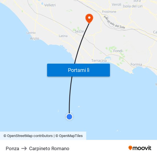 Ponza to Carpineto Romano map