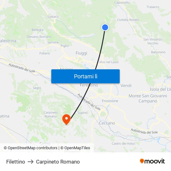 Filettino to Carpineto Romano map