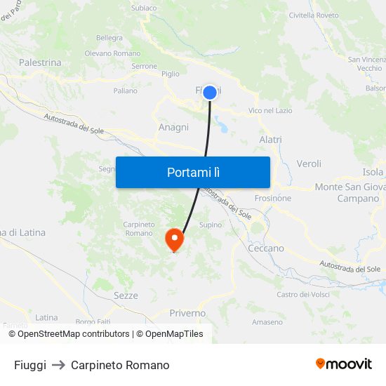 Fiuggi to Carpineto Romano map