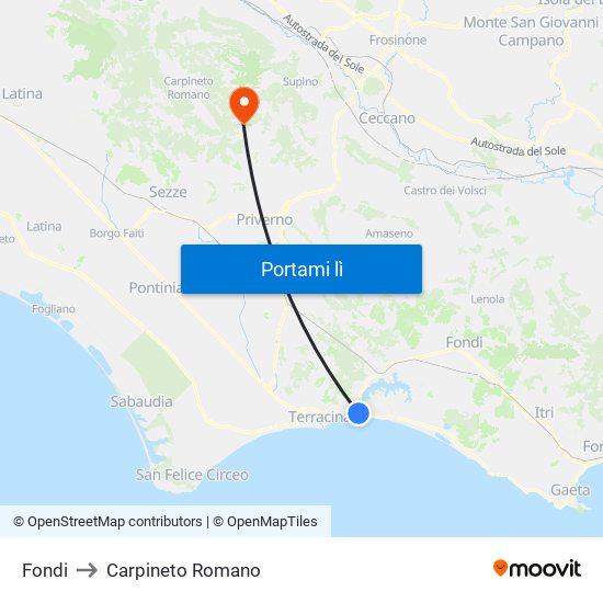Fondi to Carpineto Romano map