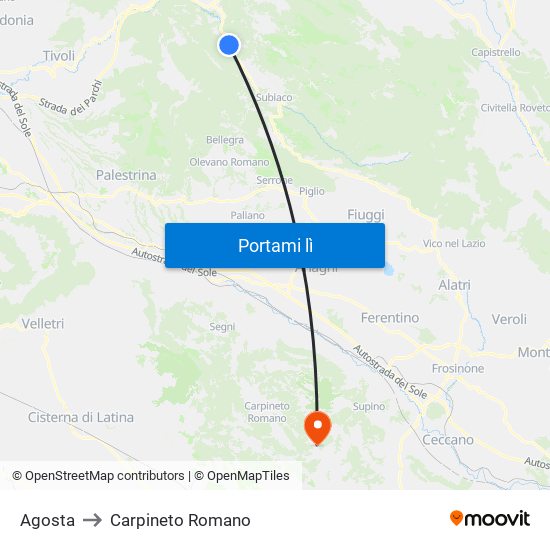 Agosta to Carpineto Romano map