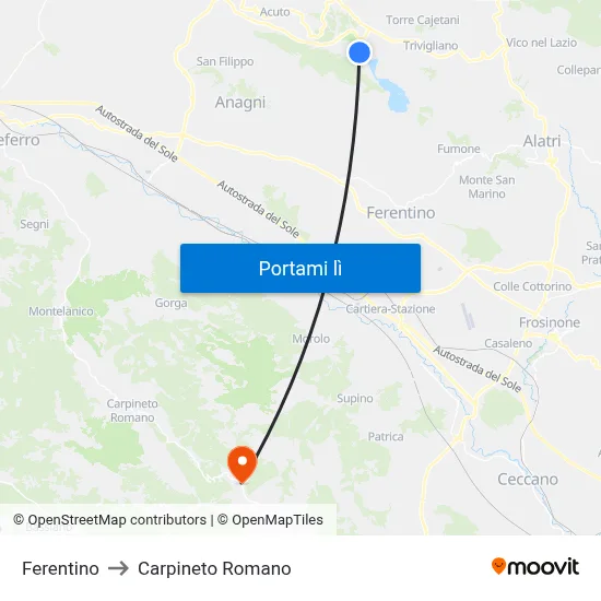 Ferentino to Carpineto Romano map