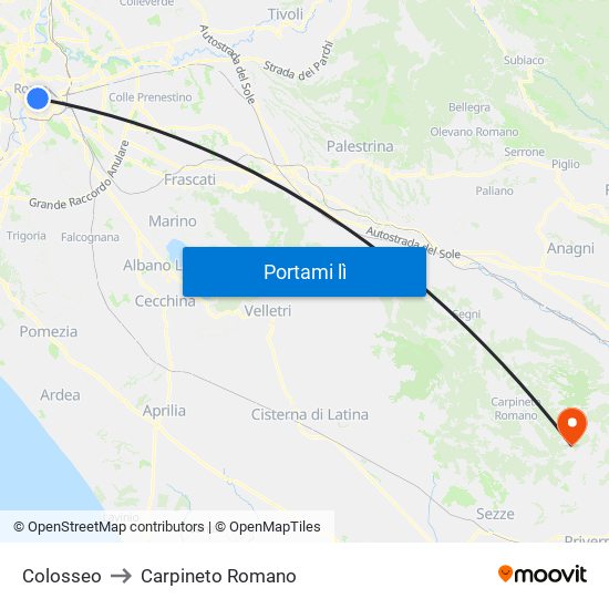 Colosseo to Carpineto Romano map