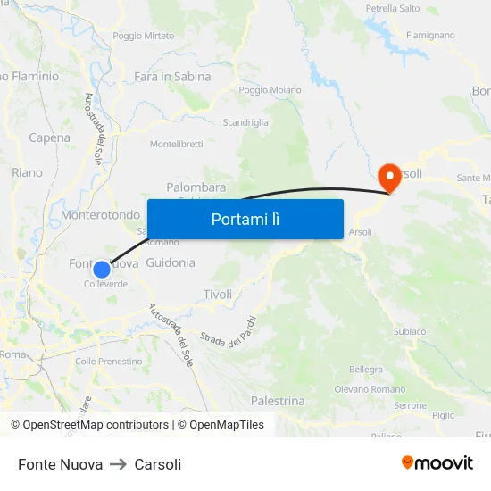 Fonte Nuova to Carsoli map