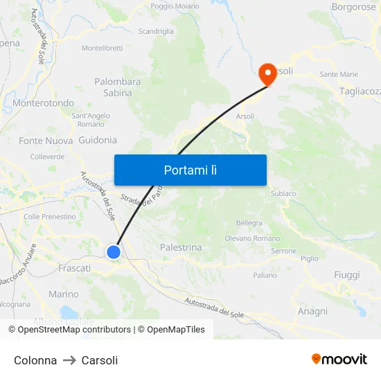 Colonna to Carsoli map