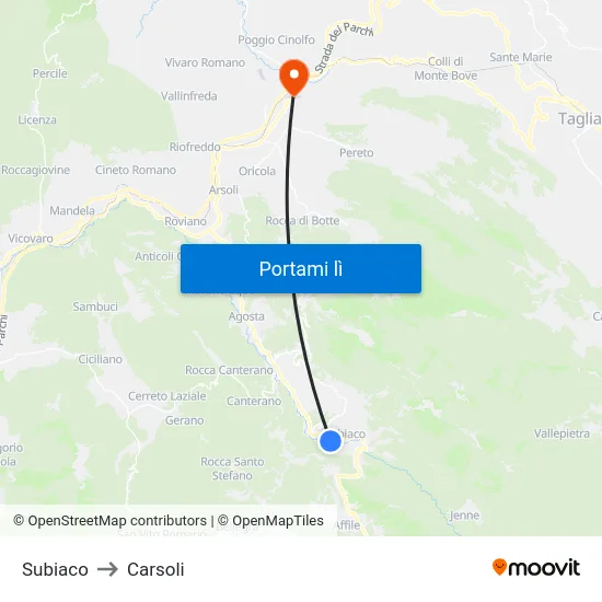 Subiaco to Carsoli map