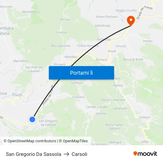 San Gregorio Da Sassola to Carsoli map