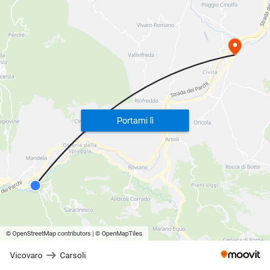 Vicovaro to Carsoli map