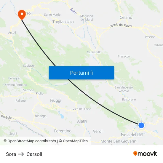 Sora to Carsoli map