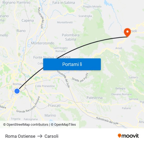 Roma Ostiense to Carsoli map