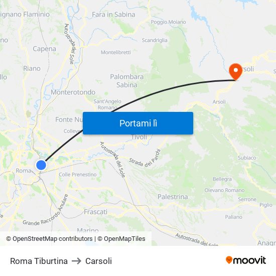 Roma Tiburtina to Carsoli map