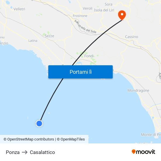 Ponza to Casalattico map