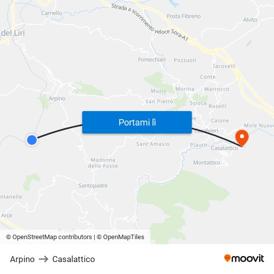 Arpino to Casalattico map