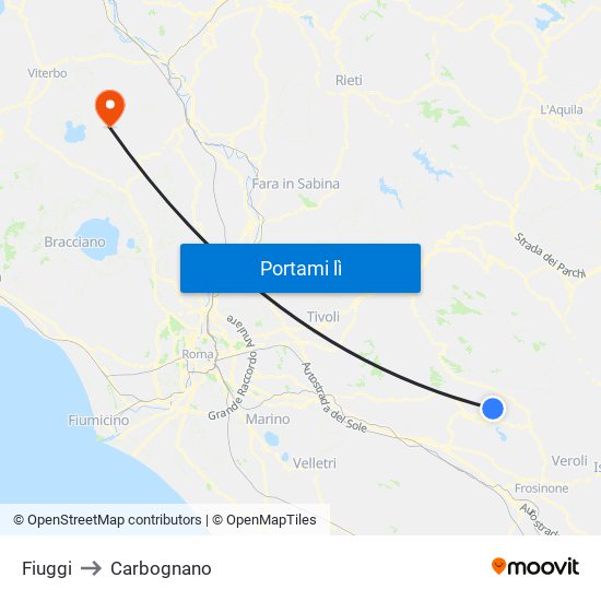 Fiuggi to Carbognano map