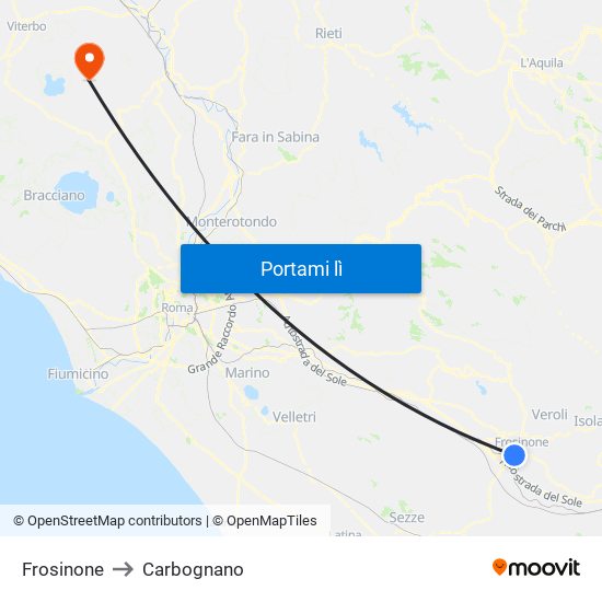 Frosinone to Carbognano map