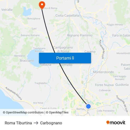 Roma Tiburtina to Carbognano map