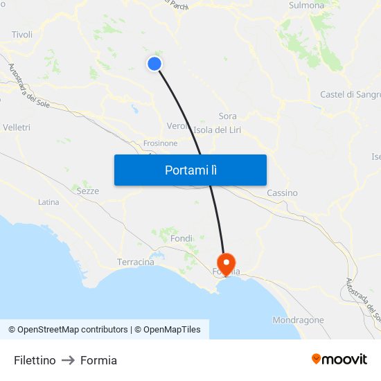 Filettino to Formia map