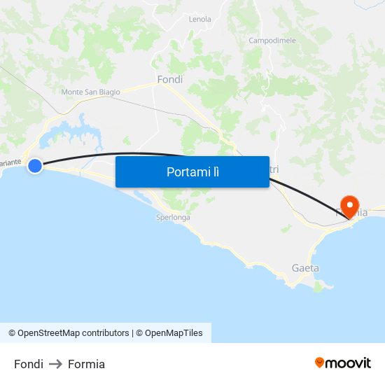 Fondi to Formia map