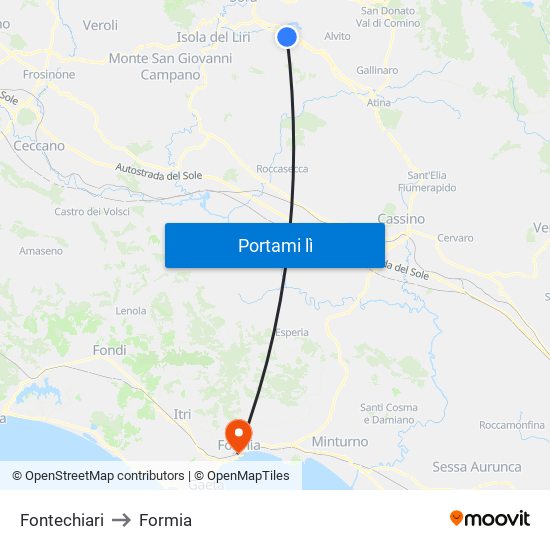 Fontechiari to Formia map