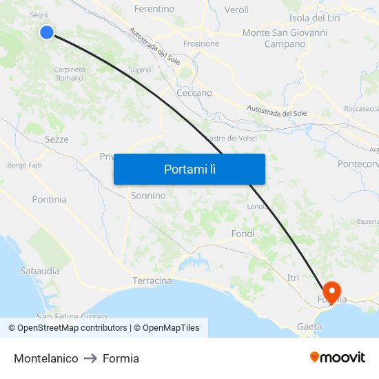 Montelanico to Formia map