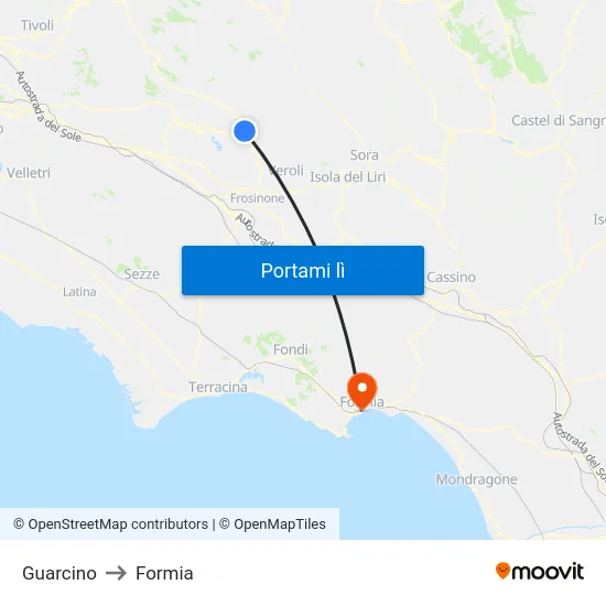 Guarcino to Formia map