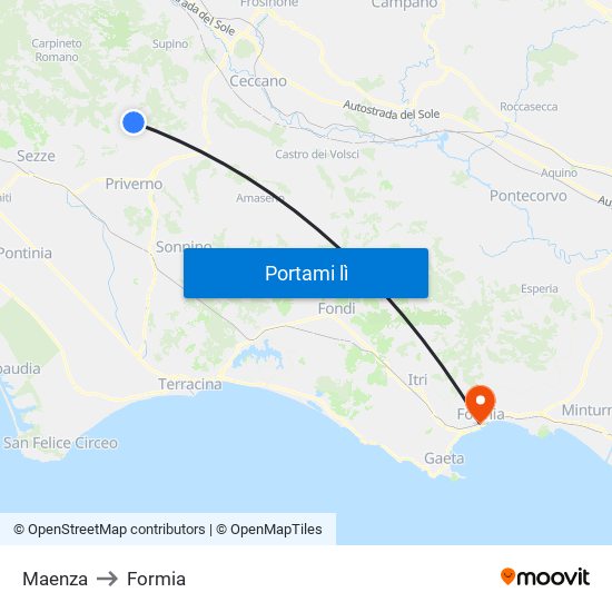 Maenza to Formia map