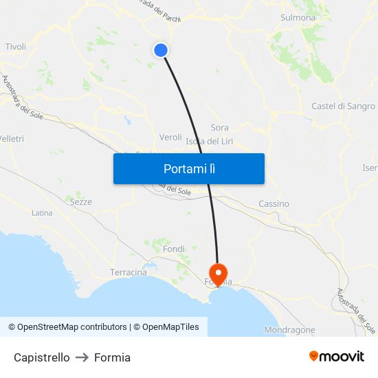 Capistrello to Formia map